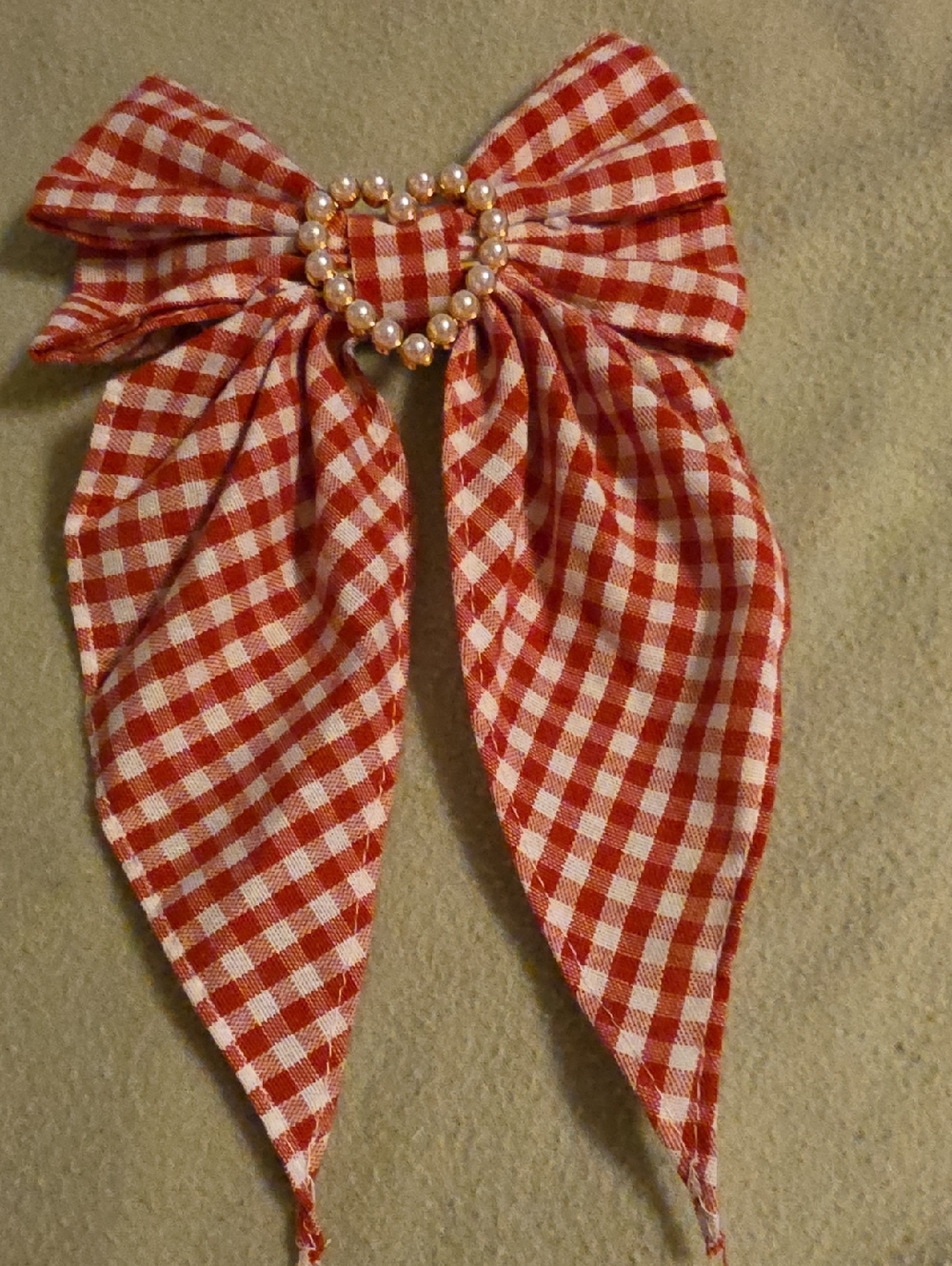Red Gingham Pearl Heart Bow Hair Clip - Women Accessories